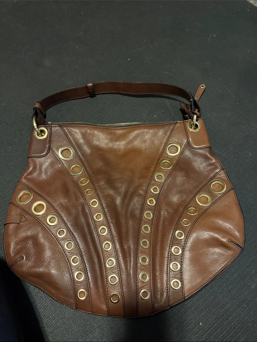 Cole Haan Brown Leather Shoulder Bag with Gold Eyelet Details